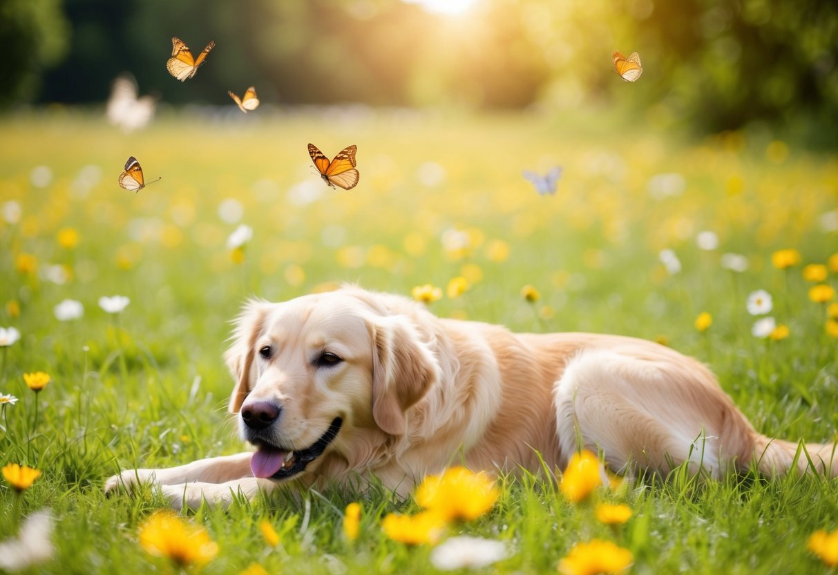 A Golden Retriever lies peacefully in a sunny meadow, surrounded by gentle butterflies and chirping birds