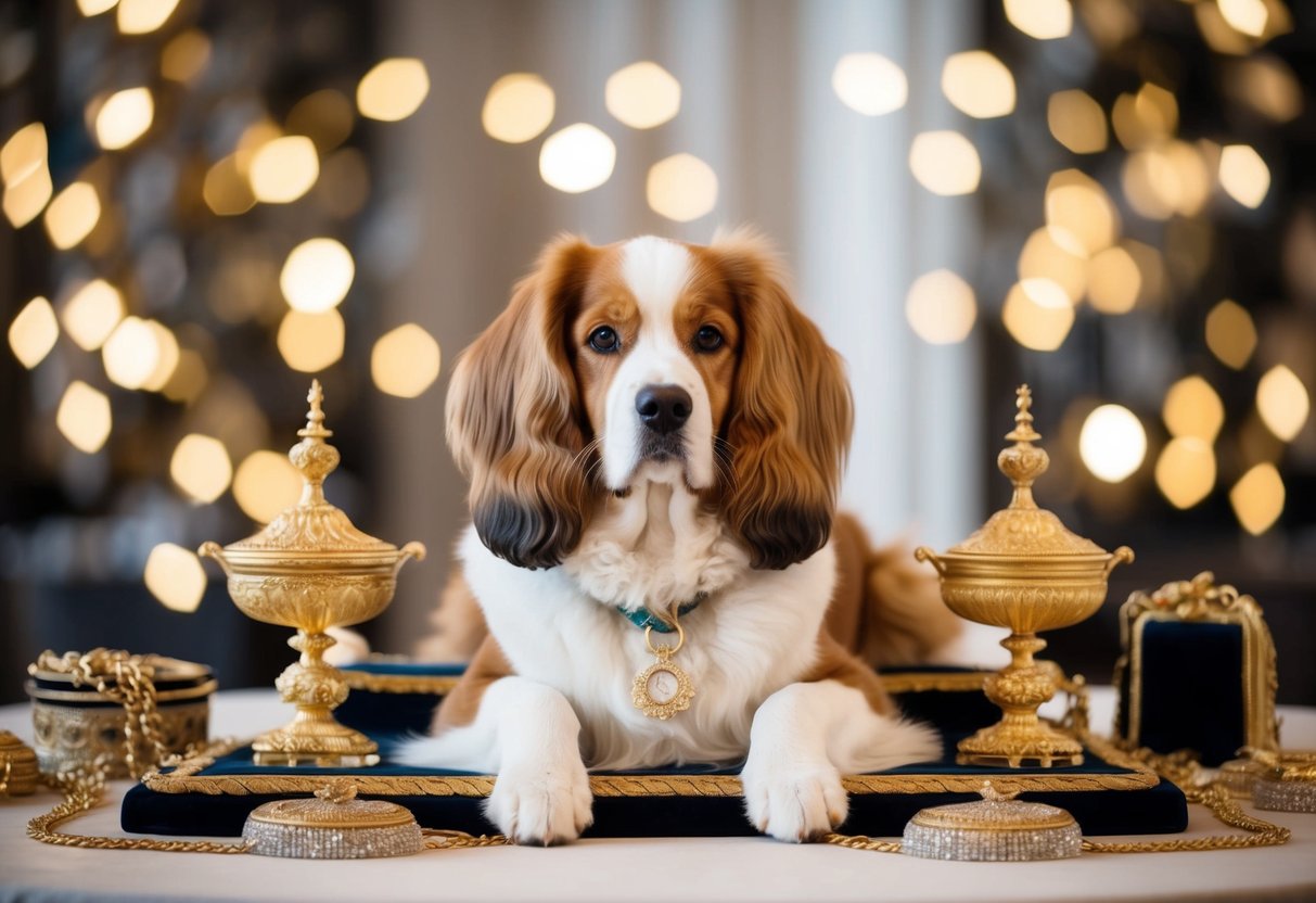 A luxurious setting with a regal-looking dog breed, surrounded by opulent accessories and a prestigious atmosphere
