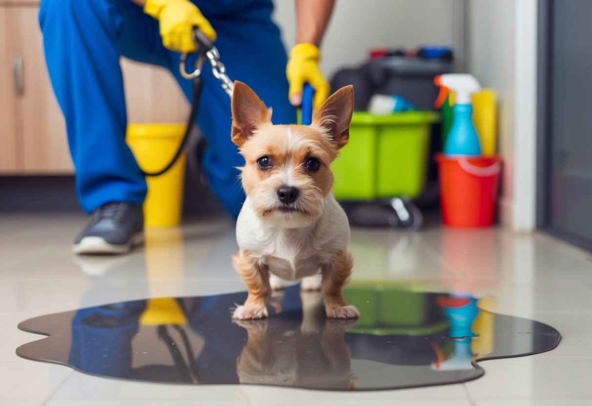 A stubborn, small terrier stares defiantly at a puddle on the floor, while a frustrated owner holds a leash and cleaning supplies nearby