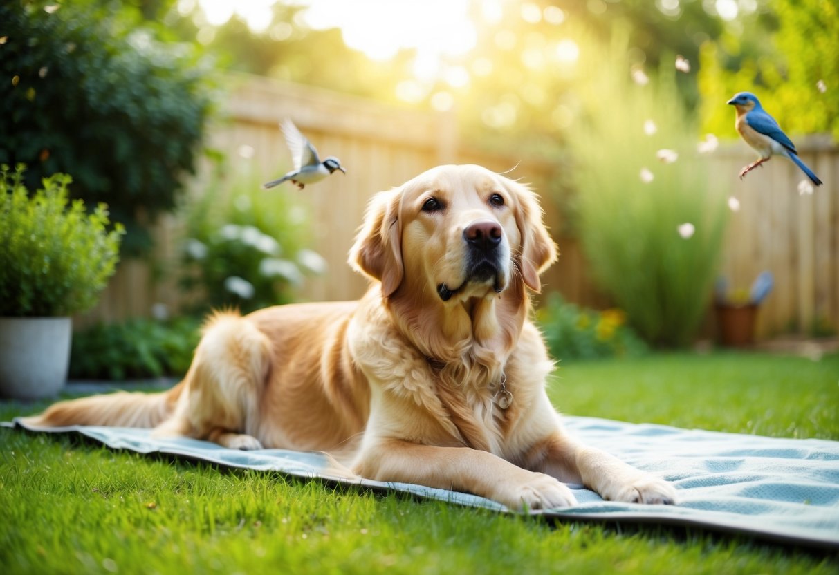 A serene golden retriever lying peacefully in a sunlit backyard, surrounded by a tranquil garden and chirping birds