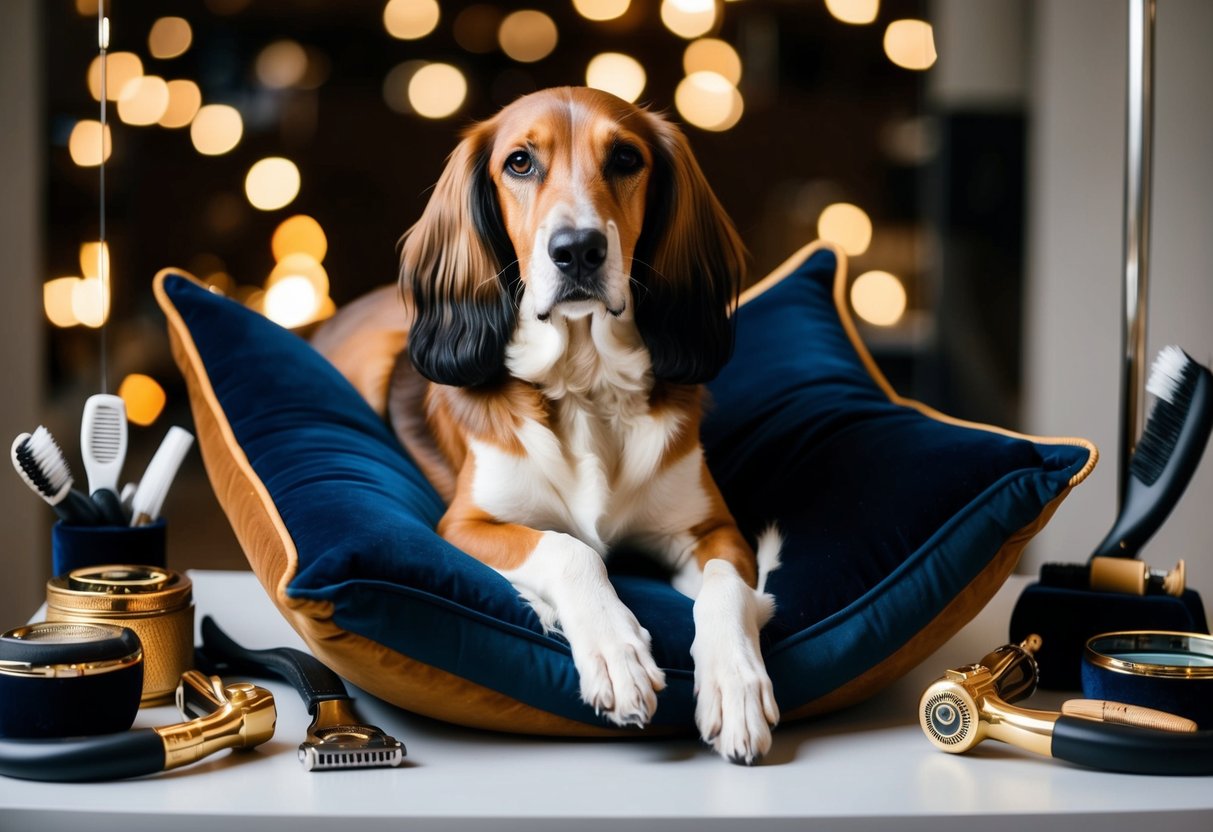 A luxurious, well-groomed Afghan Hound lounging on a velvet cushion surrounded by opulent grooming tools and accessories