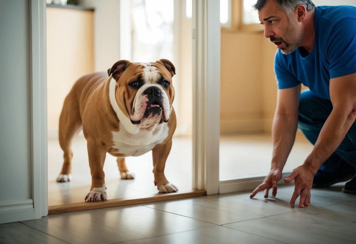 A stubborn bulldog repeatedly urinates inside a house, while a frustrated owner tries to train it with no success