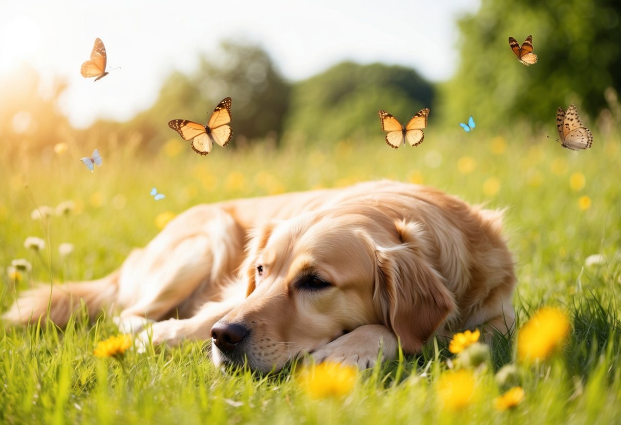 A golden retriever lying peacefully in a sunlit meadow, surrounded by gentle butterflies and chirping birds