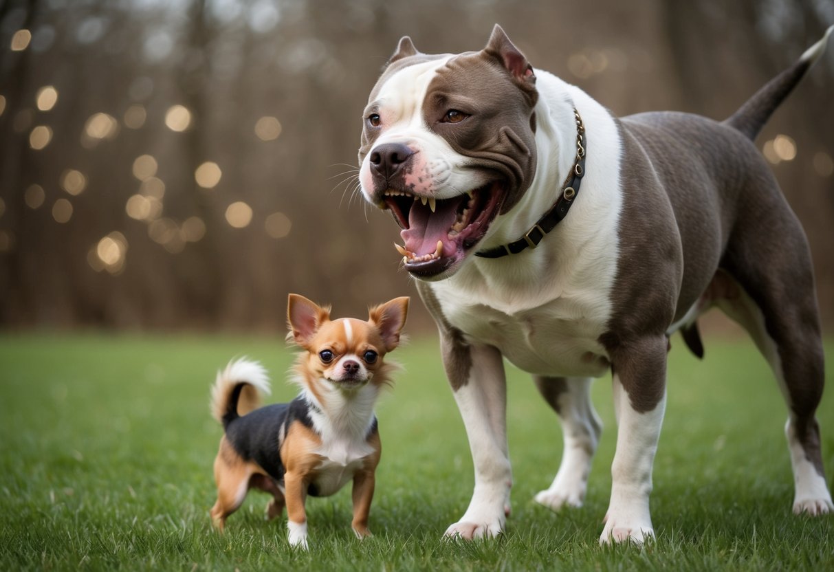 A snarling pit bull stands over a cowering chihuahua, teeth bared and hackles raised