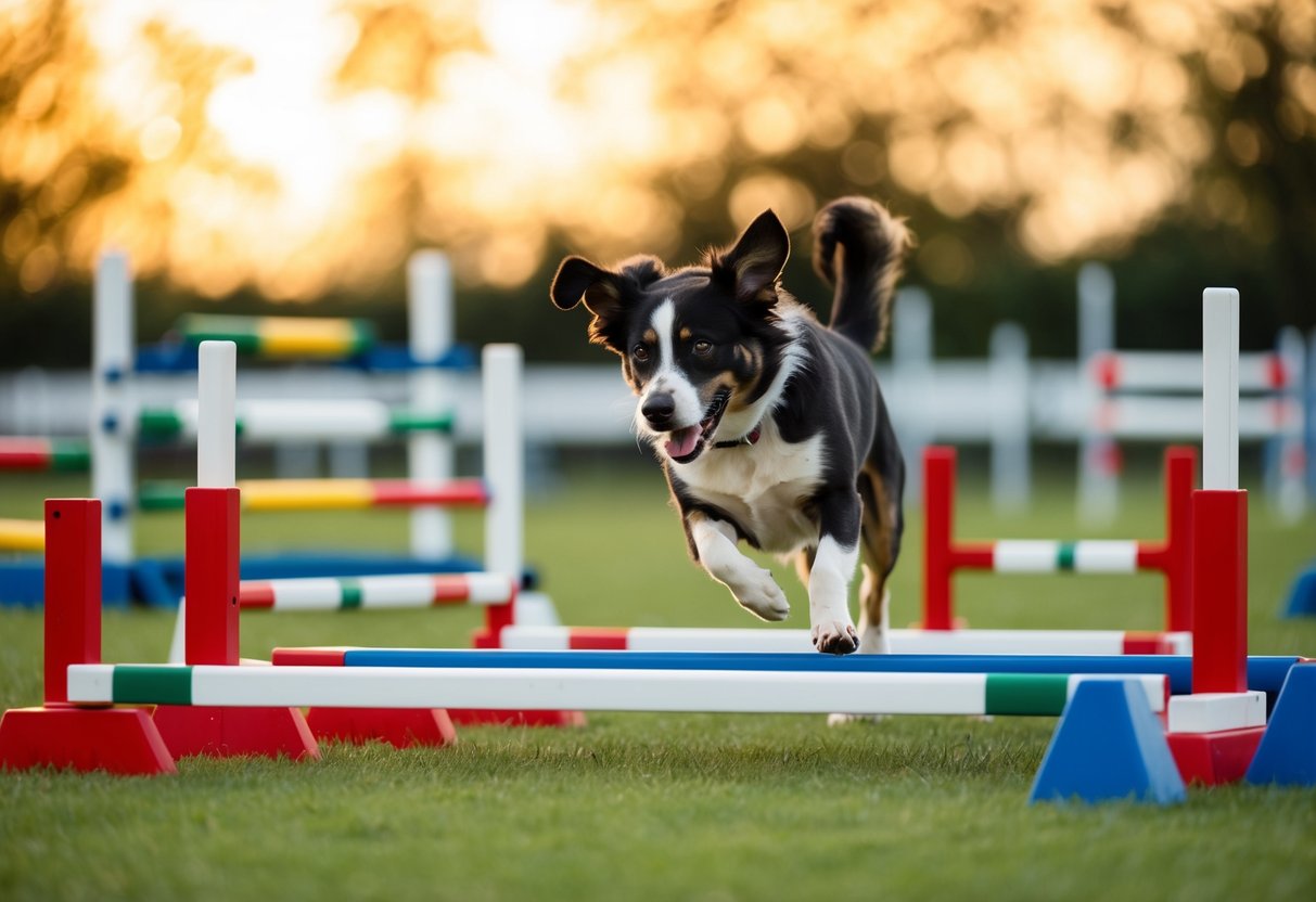A dog struggling to navigate an agility course, with obstacles like hurdles, tunnels, and seesaws