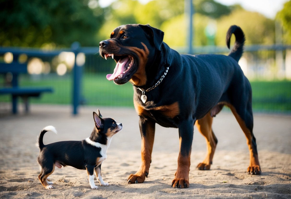 A snarling, aggressive Rottweiler bares its teeth, standing over a cowering, submissive Chihuahua in a dog park