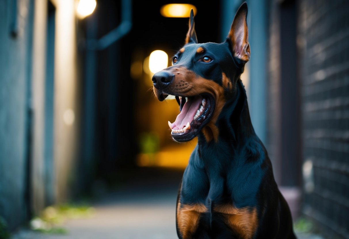 A snarling Doberman pinscher bares its teeth, standing guard in a dimly lit alleyway