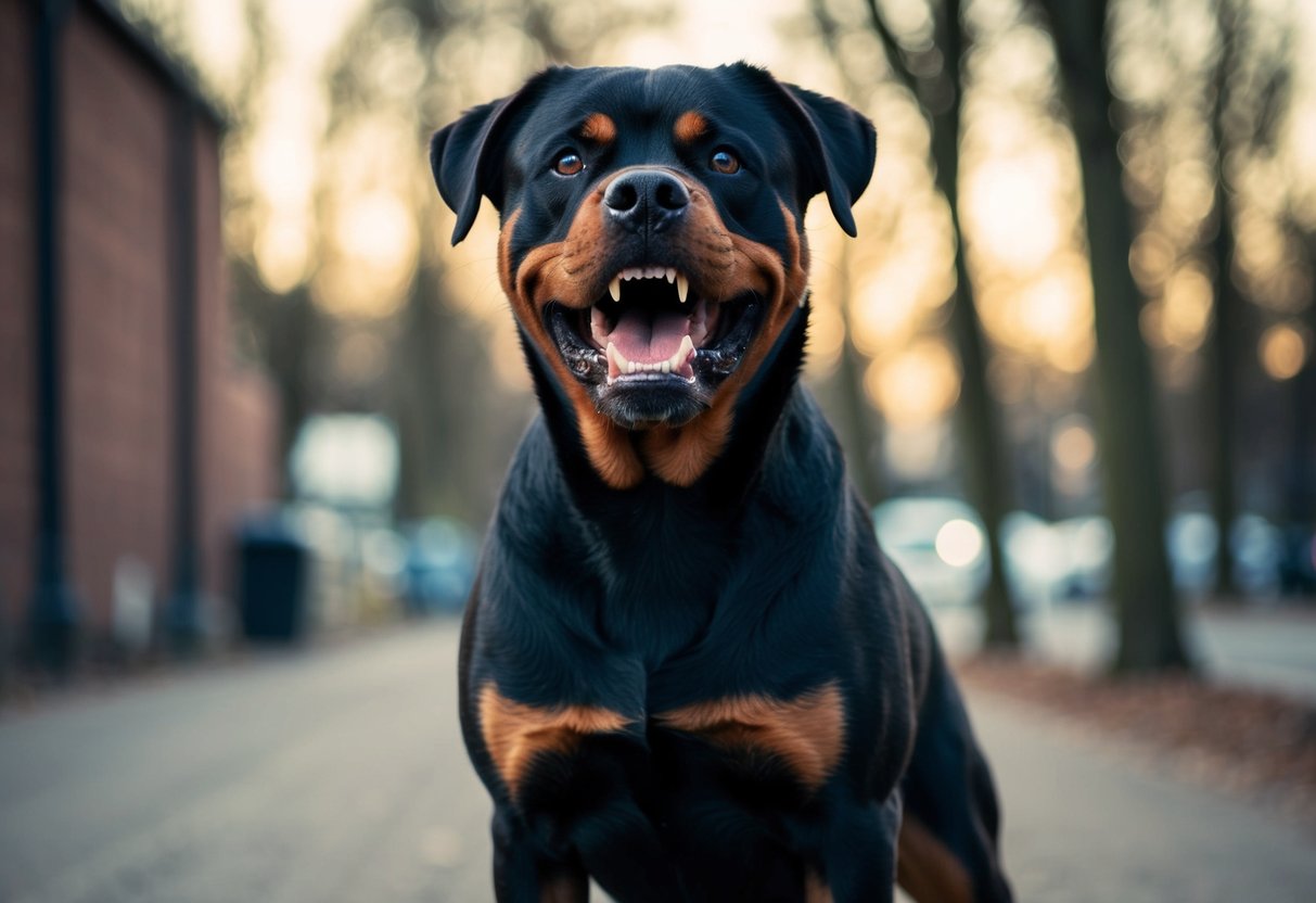 A snarling Rottweiler bares its teeth, standing tall with a menacing glare