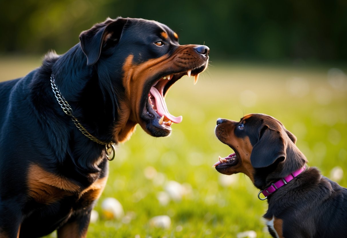 A snarling, aggressive Rottweiler baring its teeth and growling at a smaller, cowering dog