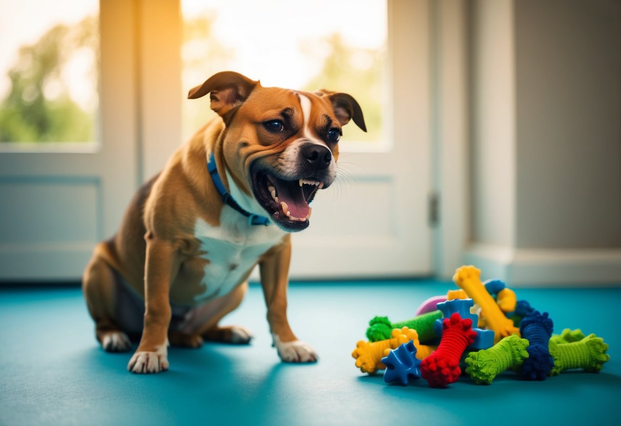 A dog struggling to learn a new trick, with a frustrated expression and a pile of chewed-up toys nearby