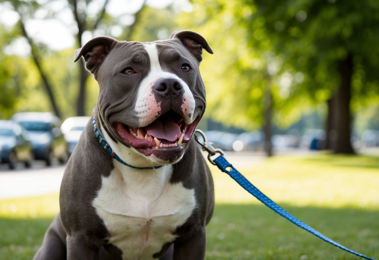 A menacing pit bull bares its teeth, leashed by a responsible owner in a public park