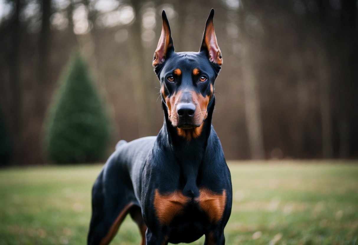A fierce-looking Doberman pinscher standing with a stern expression, ears alert, and muscles taut, exuding an intimidating presence