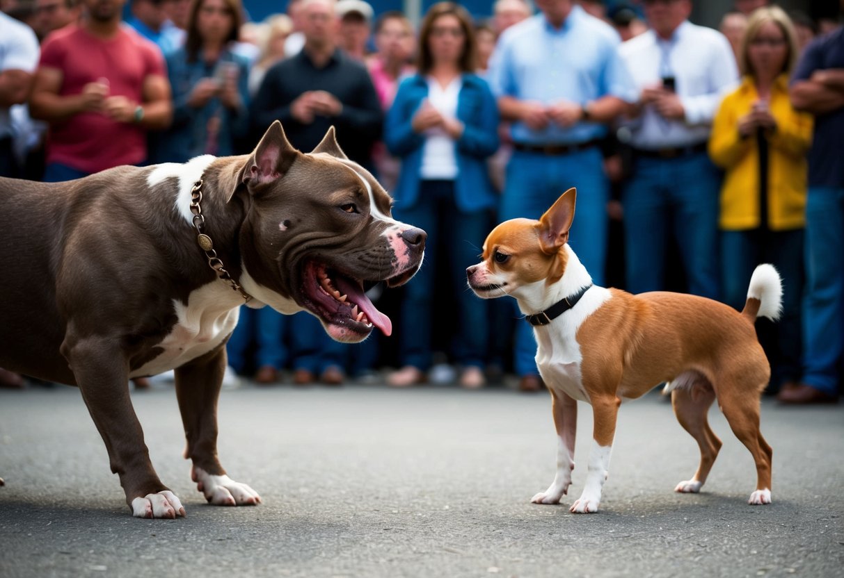 A snarling pit bull faces off with a cowering chihuahua, surrounded by a crowd of onlookers