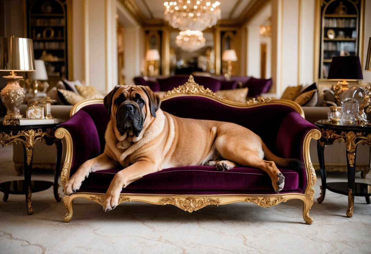 A luxurious, opulent living room with a regal, purebred Tibetan Mastiff lounging on a velvet couch, surrounded by expensive decor and lavish furnishings