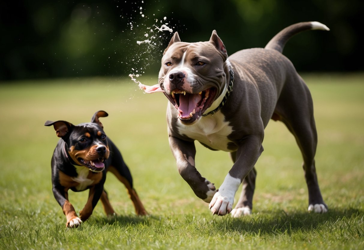 A snarling pit bull lunges with bared teeth, saliva flying, as a smaller dog cowers in fear