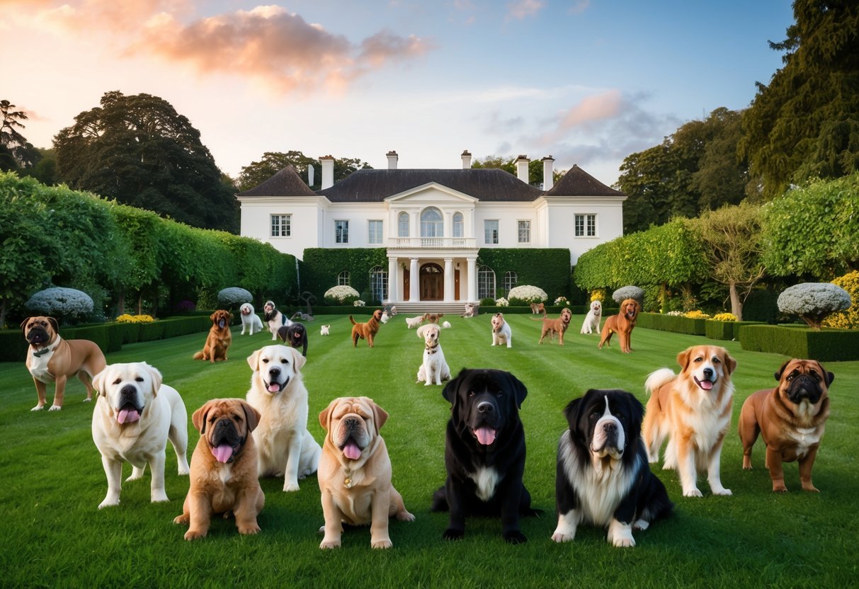 A luxurious mansion with a sprawling garden filled with rare and expensive dog breeds, including the elusive Tibetan Mastiff