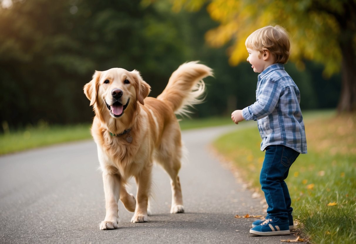 A golden retriever wagging its tail while approaching a child with a happy expression