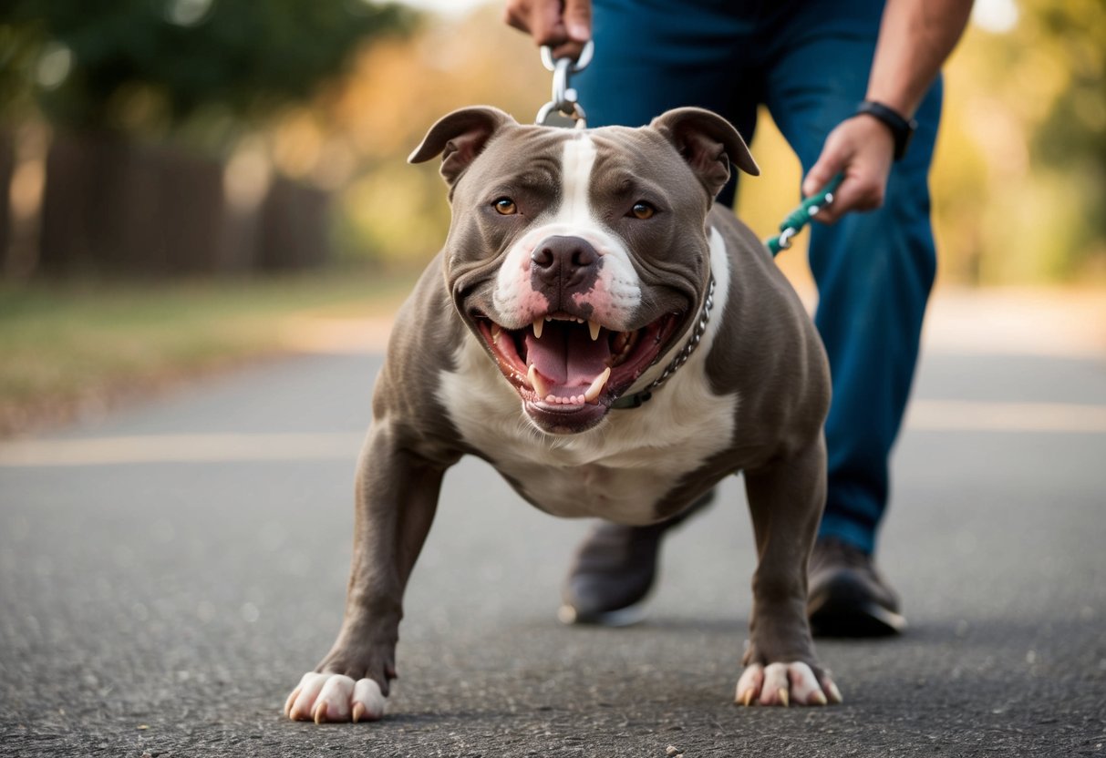 A snarling pit bull lunges forward, teeth bared, as a cautious owner pulls the leash taut