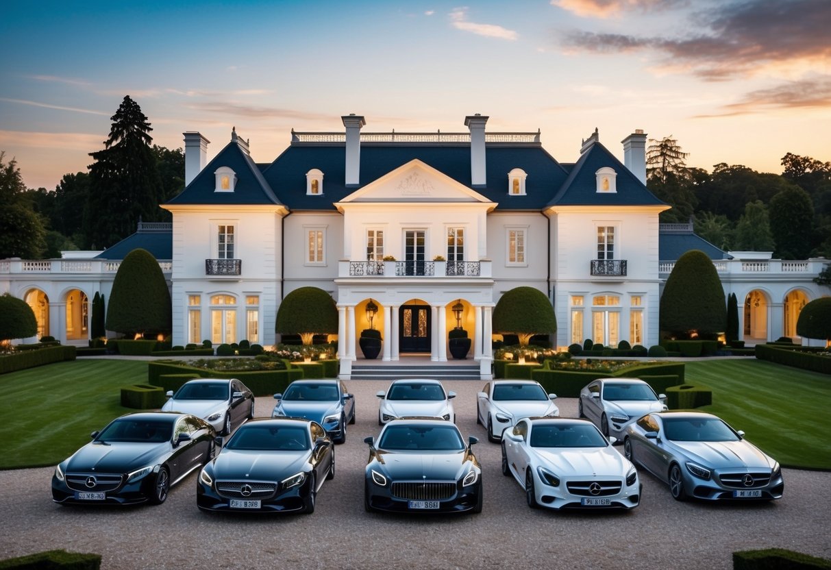 A luxurious mansion with a lavish dog kennel, surrounded by opulent gardens and a fleet of expensive cars parked outside