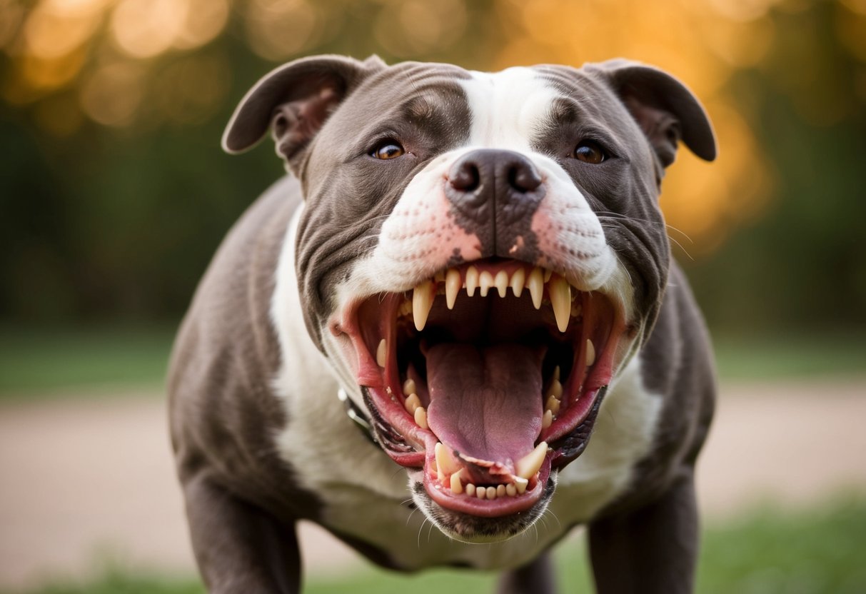 A snarling pit bull lunges with bared teeth, its powerful jaws clamping down in a ferocious bite