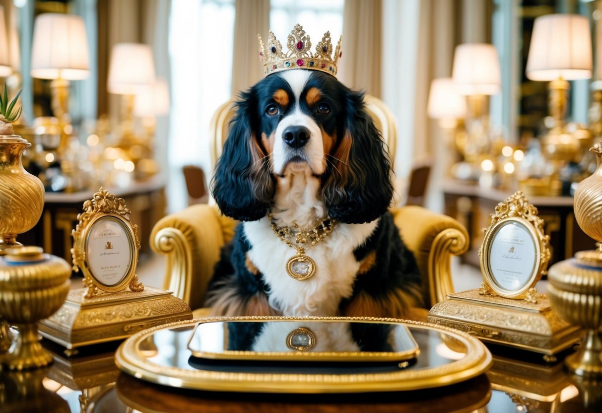 A luxurious, opulent setting with a regal-looking dog surrounded by lavish decor and expensive items