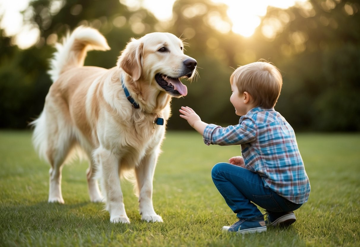 A golden retriever wagging its tail, approaching a child with a big smile on its face