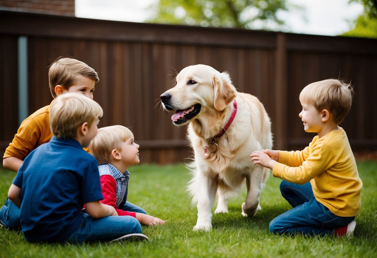 A golden retriever playing with children in a backyard, wagging its tail and looking affectionately at the family