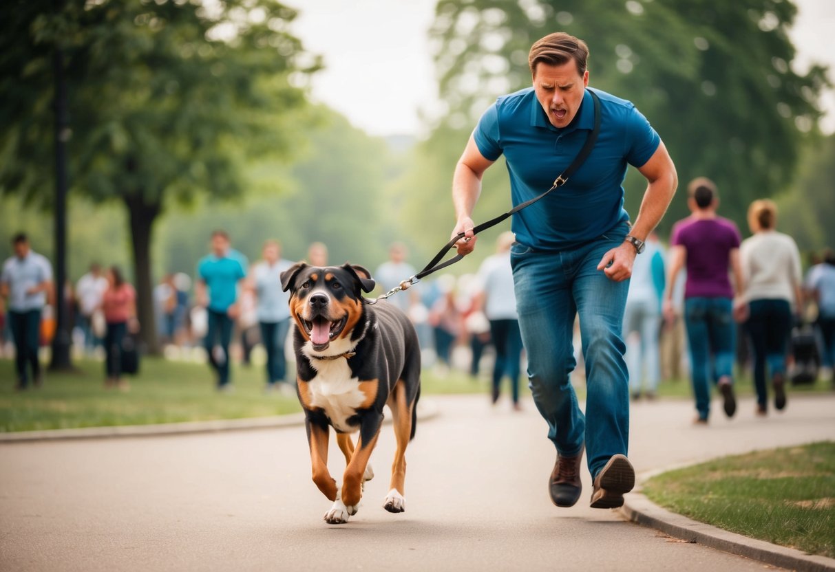 A frustrated owner struggles to control a large, energetic dog pulling on a leash during a chaotic walk in a crowded park