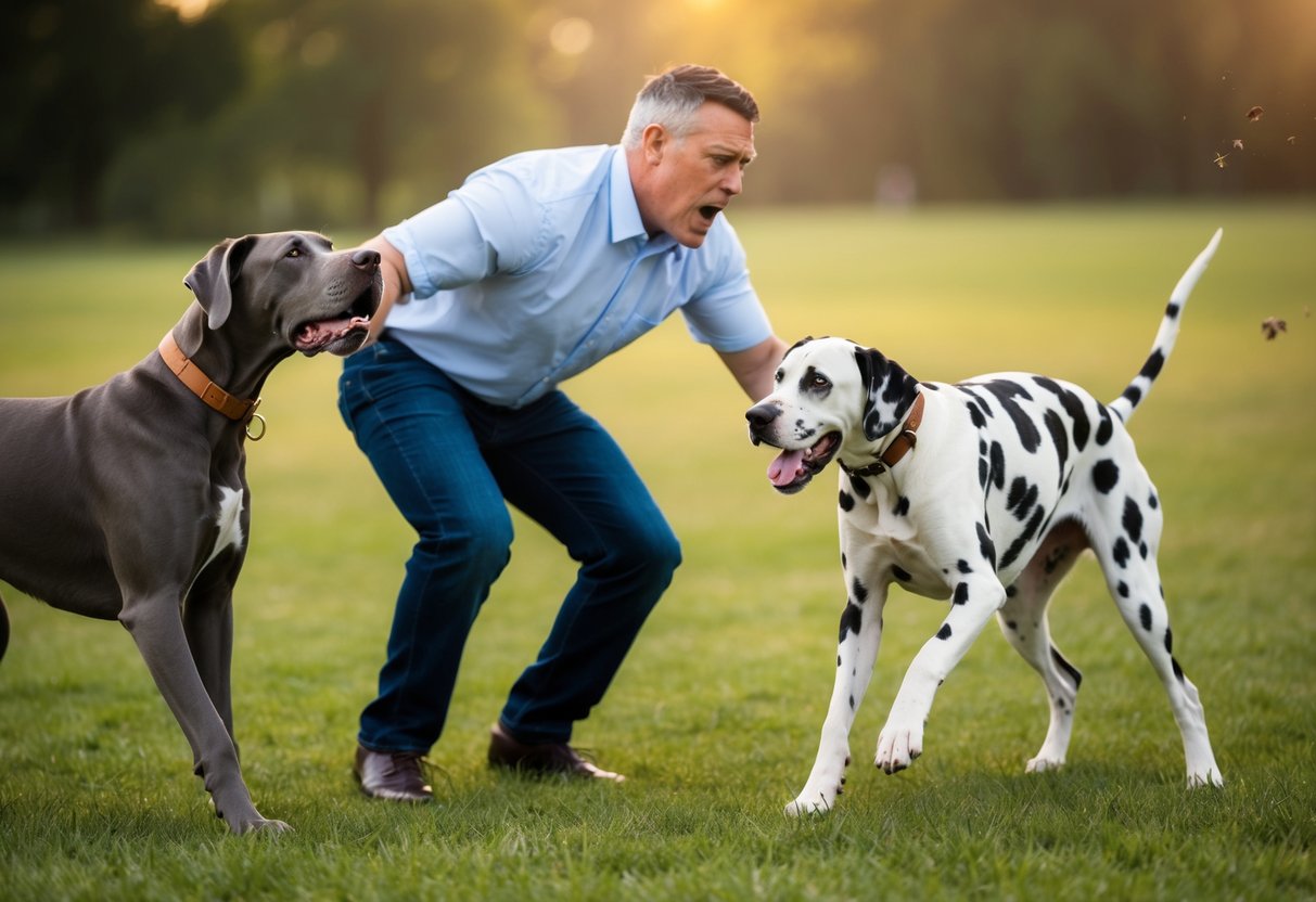 A frustrated owner struggles to control their unruly Great Dane, while a mischievous Dalmatian causes chaos in the background
