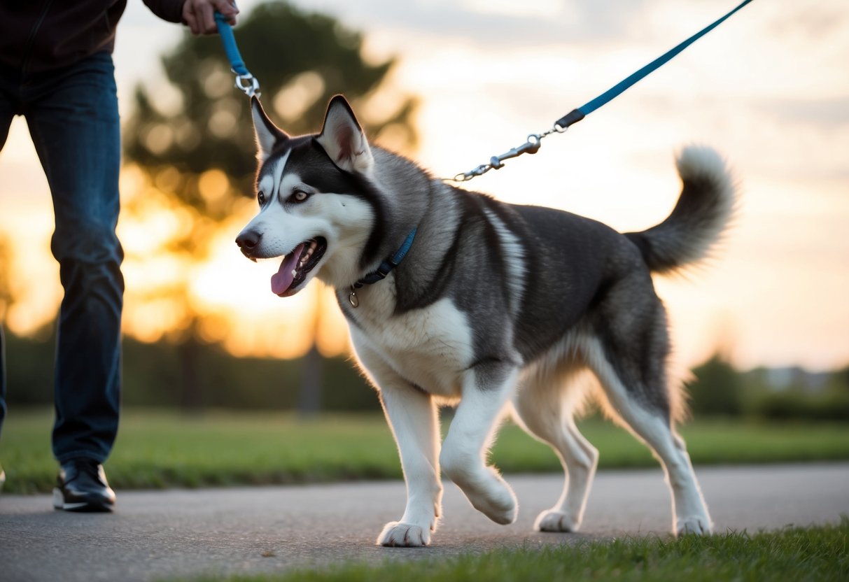 A large, energetic dog with a strong prey drive, such as a Siberian Husky, is shown pulling on a leash during a walk, with the owner struggling to control them