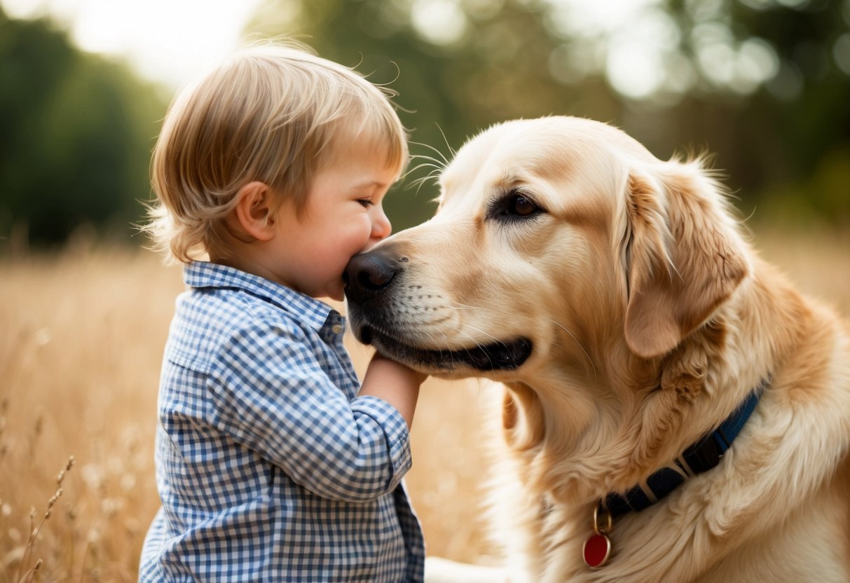 A golden retriever nuzzles a child's face with a look of pure adoration in its eyes