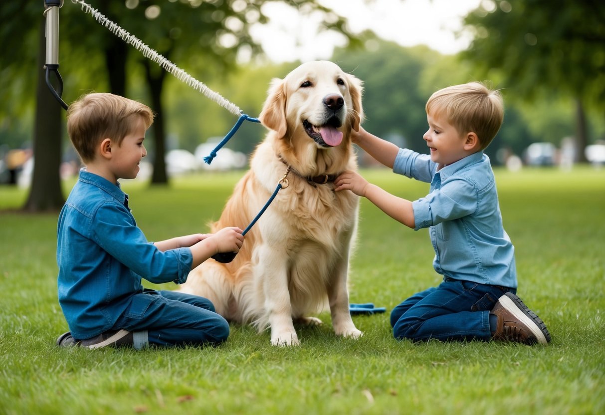 A Golden Retriever playing with children in a park, while being groomed by a family member