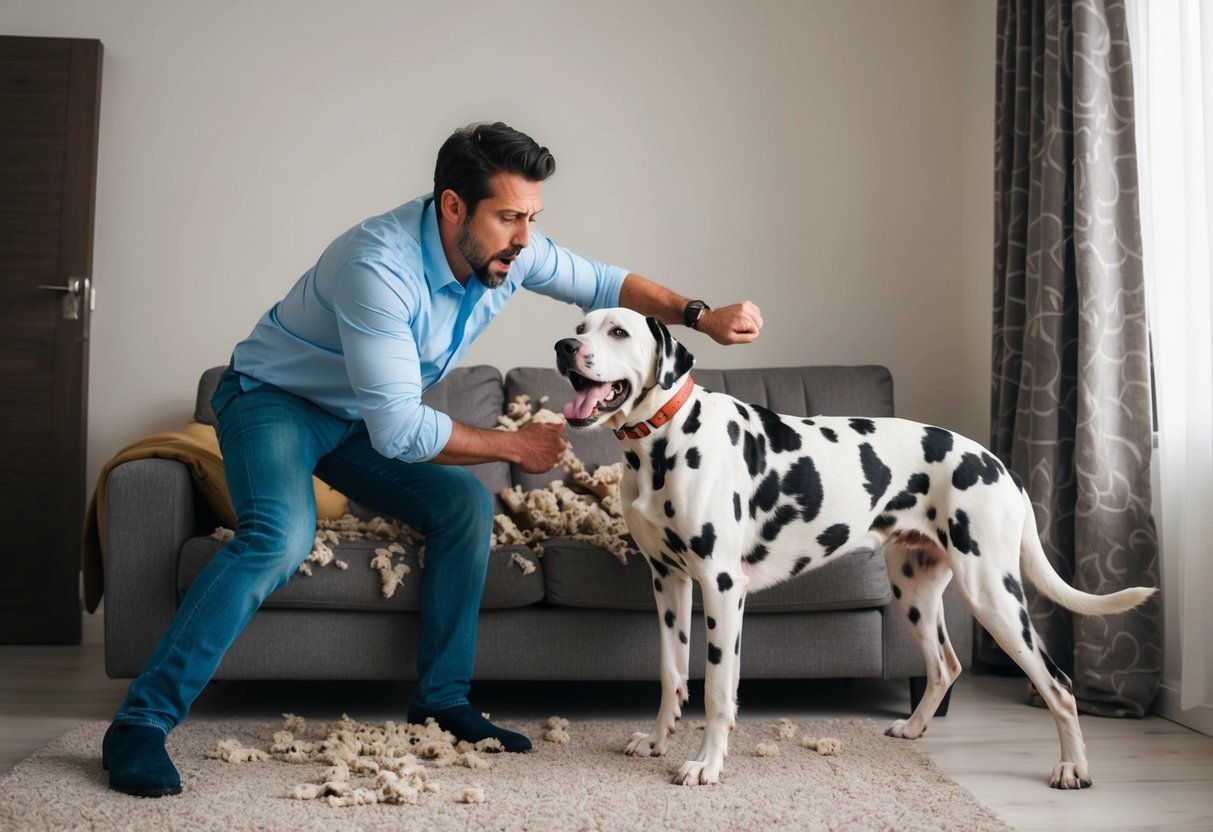 A frustrated owner struggles to control a stubborn, energetic Dalmatian, while a chewed-up couch and torn curtains show evidence of the breed's destructive tendencies