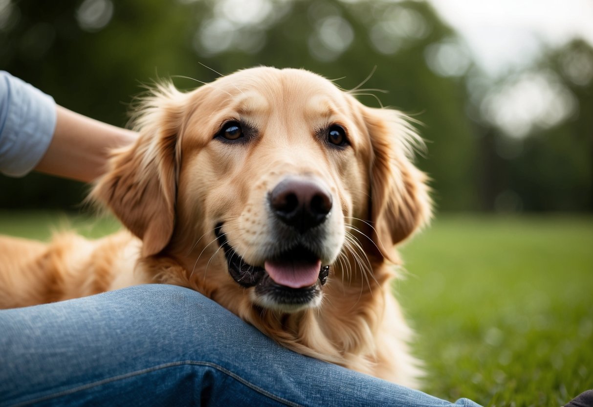 A golden retriever nuzzles its head against a person's leg, looking up with adoring eyes