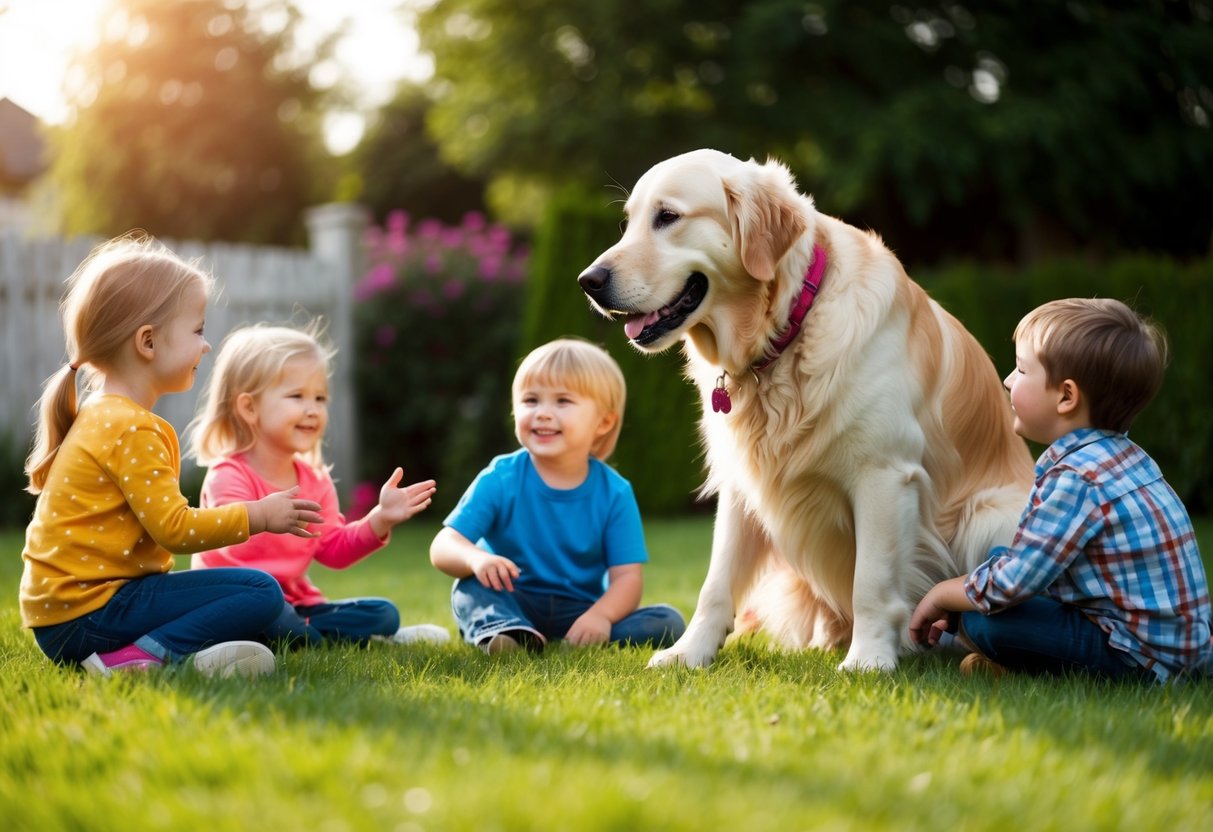 A golden retriever playing with children in a grassy yard, wagging its tail and looking affectionately at the family