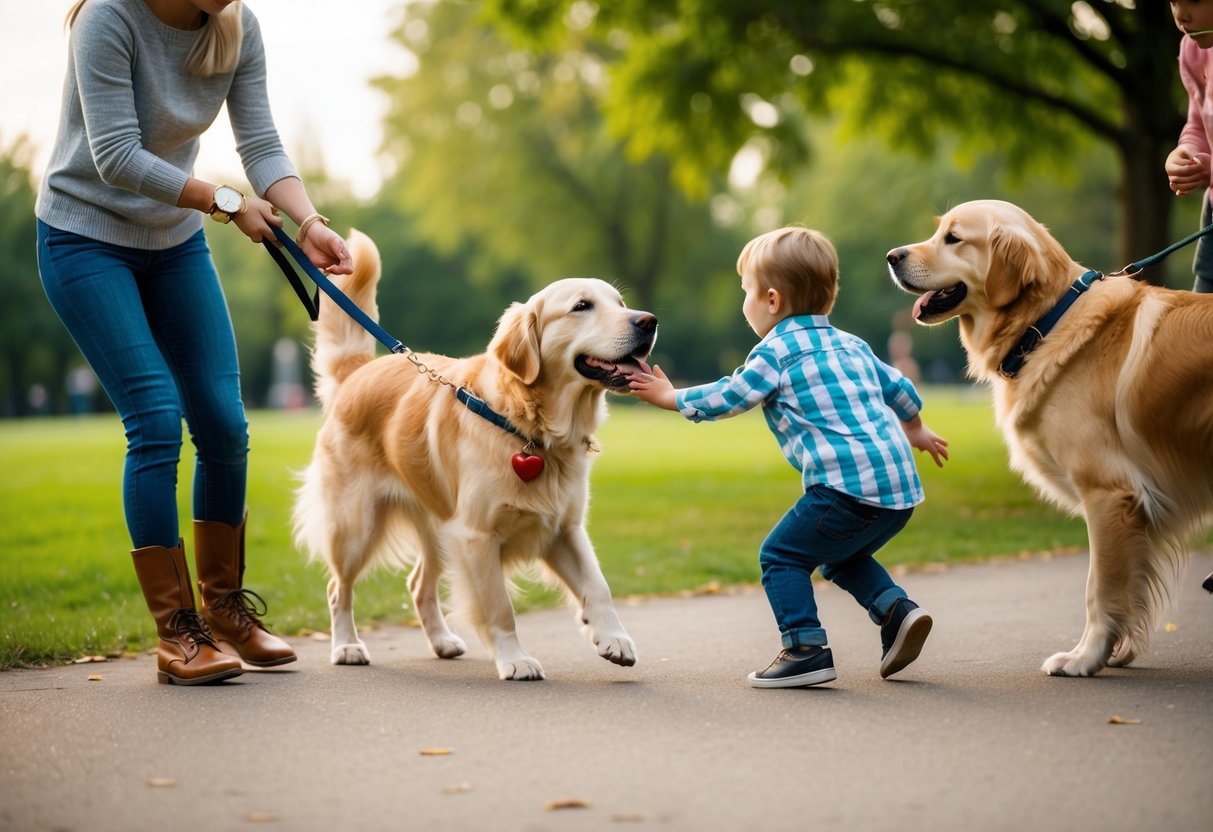A golden retriever playing with children in a park, while calmly interacting with other dogs and adults
