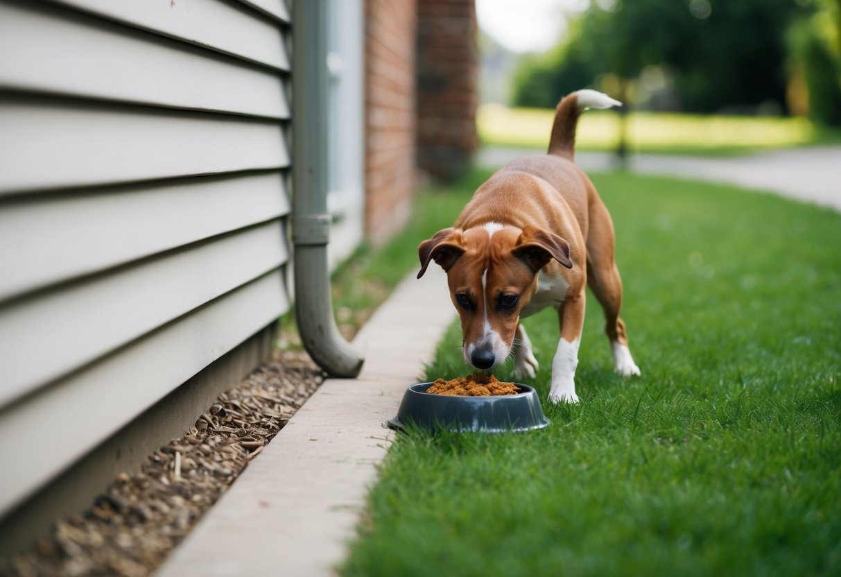 A dog sneaks into the neighbor's yard, stealing food from their pet's bowl