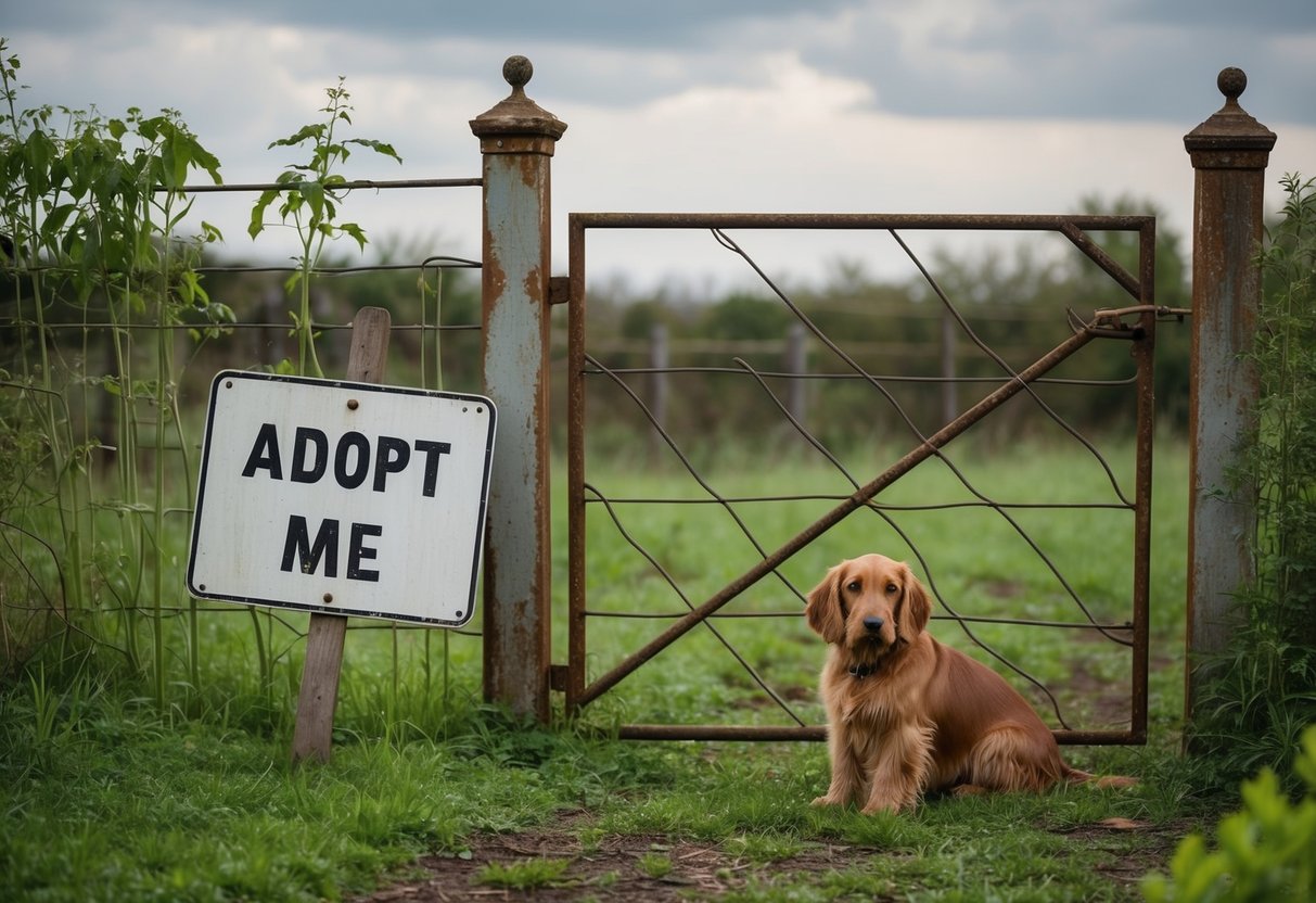A lonely, overgrown garden with a rusted gate and a weathered sign reading "Adopt Me" next to a forgotten, forlorn-looking dog of the rare breed, the Otterhound