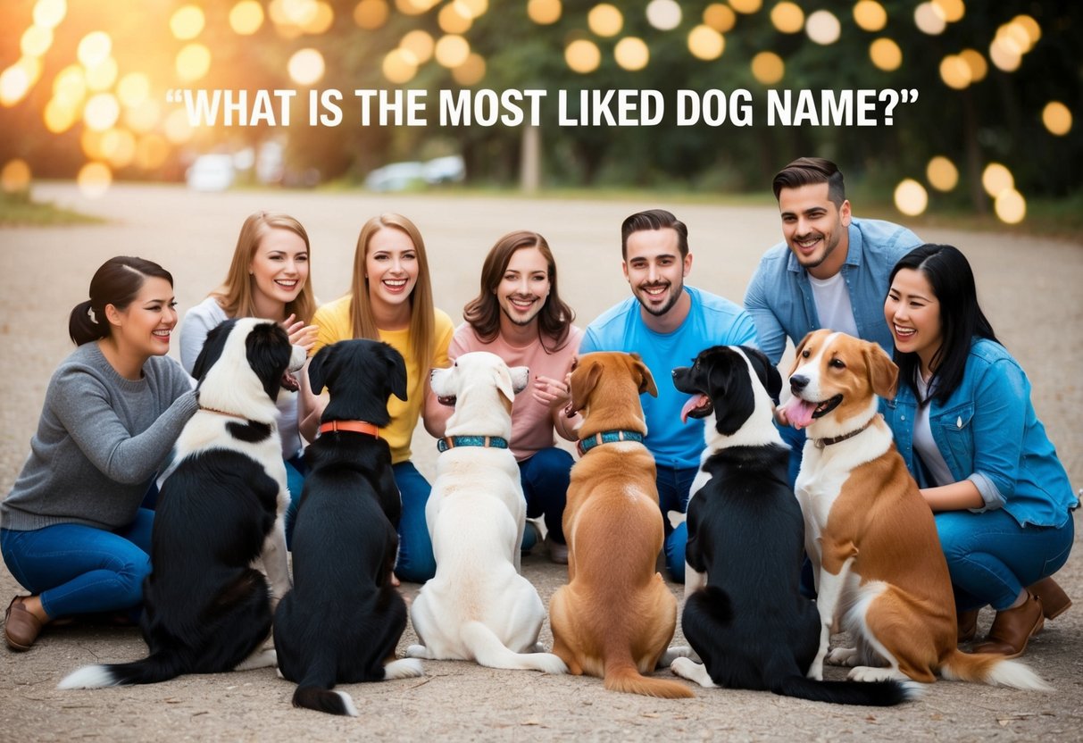 A group of happy dogs, tails wagging, sit in a circle with their owners, eagerly responding to the question "What is the most liked dog name?"