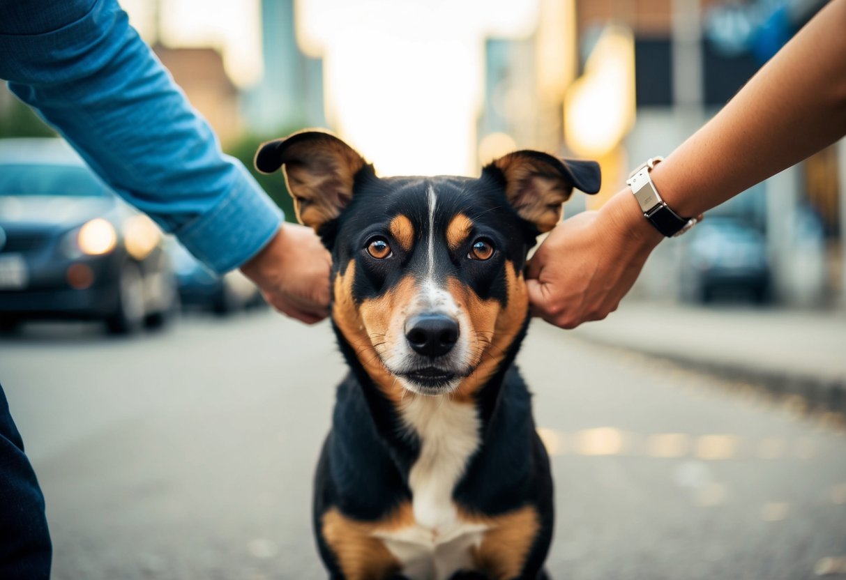 A dog turning away from its owner, ignoring commands, with a defiant look in its eyes