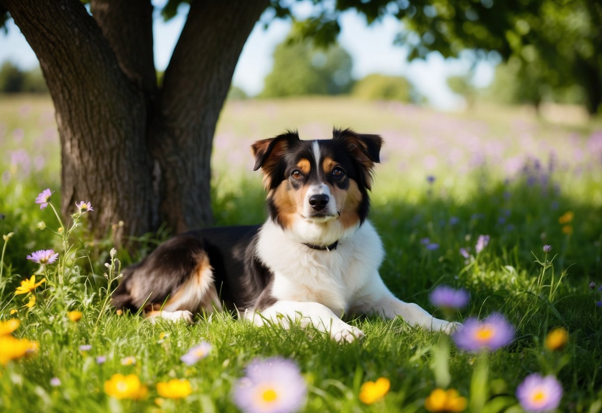 A peaceful countryside setting with a quaint, overlooked dog breed lounging in the shade of a tree, surrounded by wildflowers