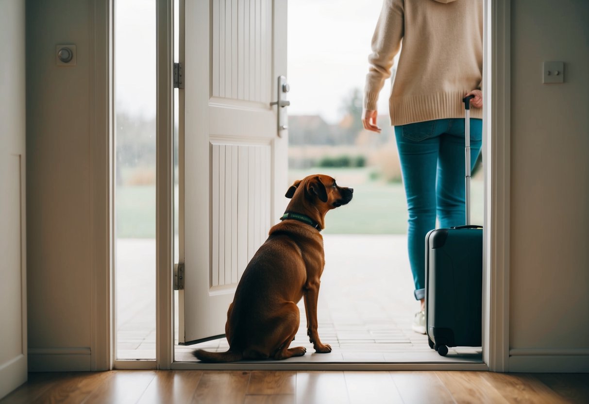 A dog sitting outside a closed door, looking forlorn as it watches its owner leave with a suitcase in hand