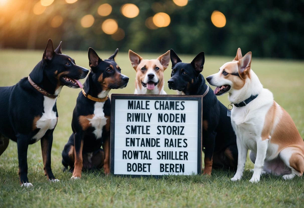 A group of dogs gathered around a sign with various names on it, each dog looking at the sign with interest