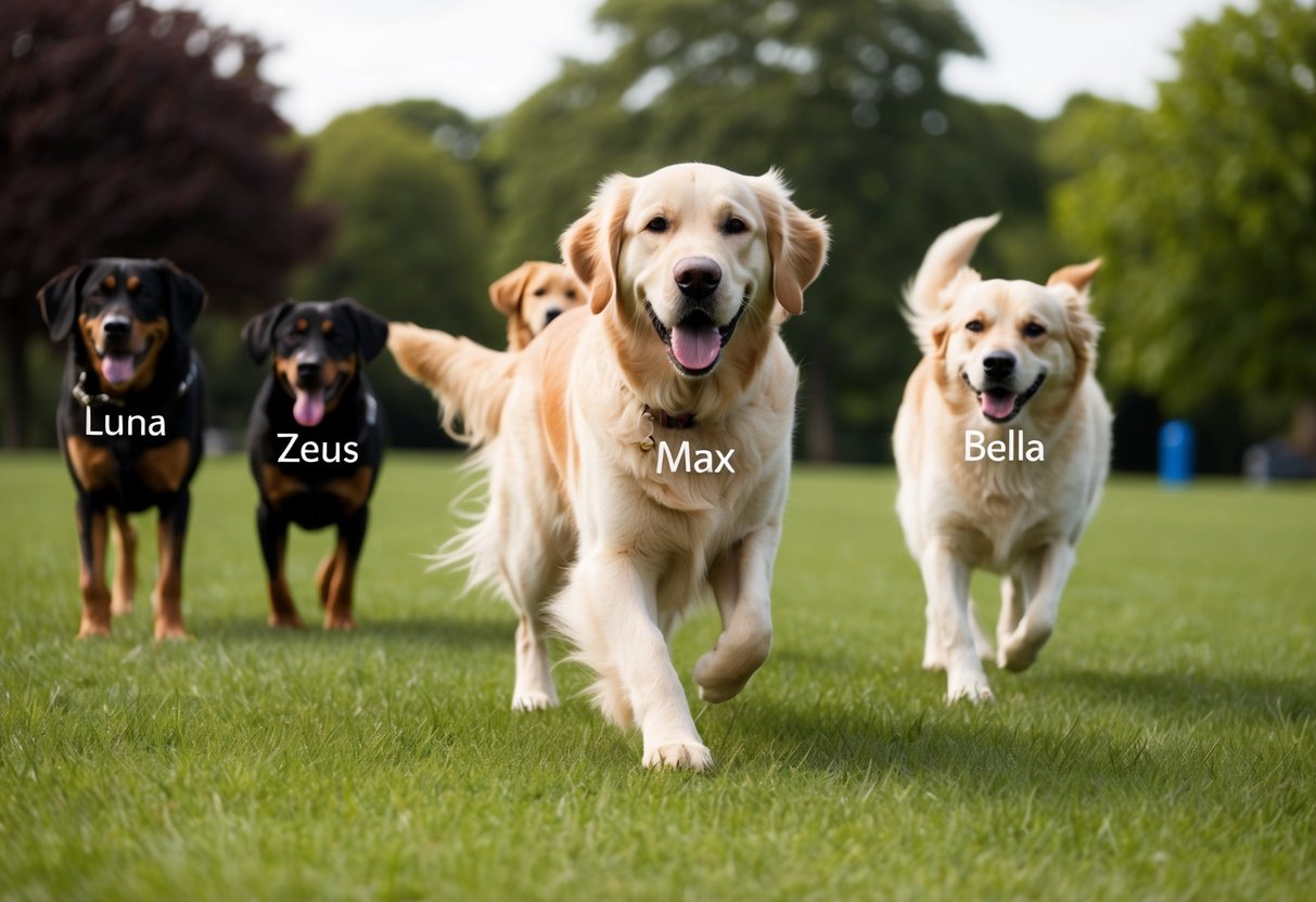 A Golden Retriever named Max playing in a park, surrounded by other dogs with various breed-specific names like Luna, Zeus, and Bella