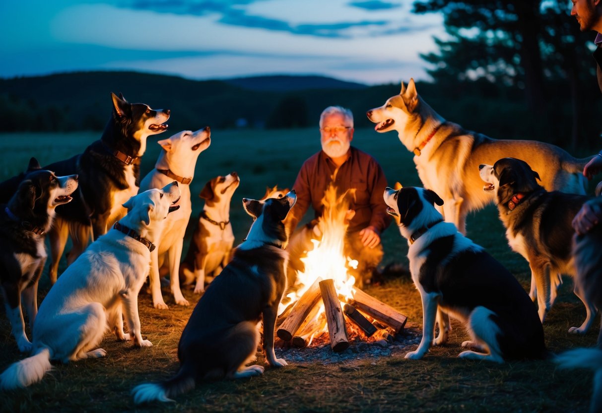A pack of dogs gather around a bonfire, howling and barking as they listen to an elder dog tell tales of ancient heroes and mythical creatures