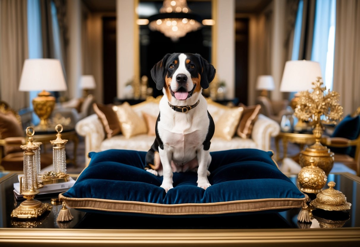 A luxurious dog sitting on a velvet cushion surrounded by opulent decor and expensive accessories