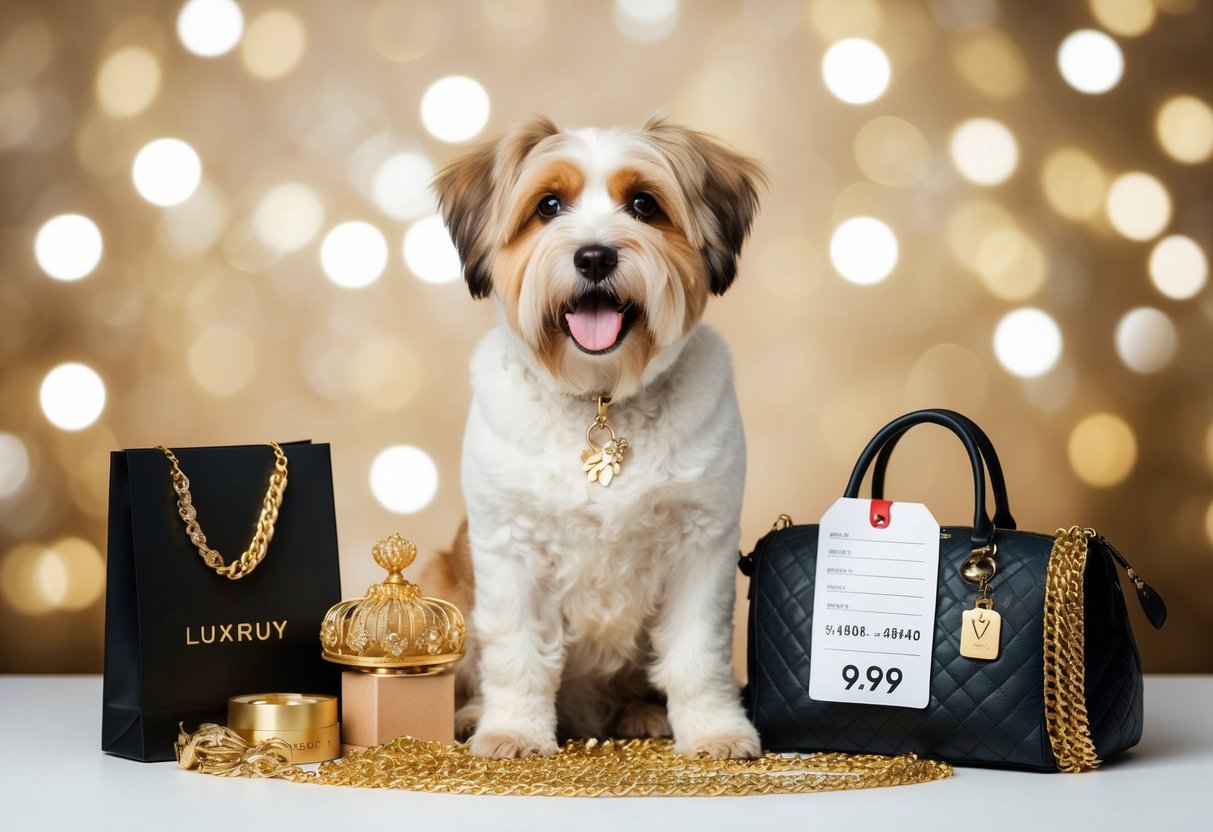 A luxurious dog breed surrounded by opulent accessories and a price tag