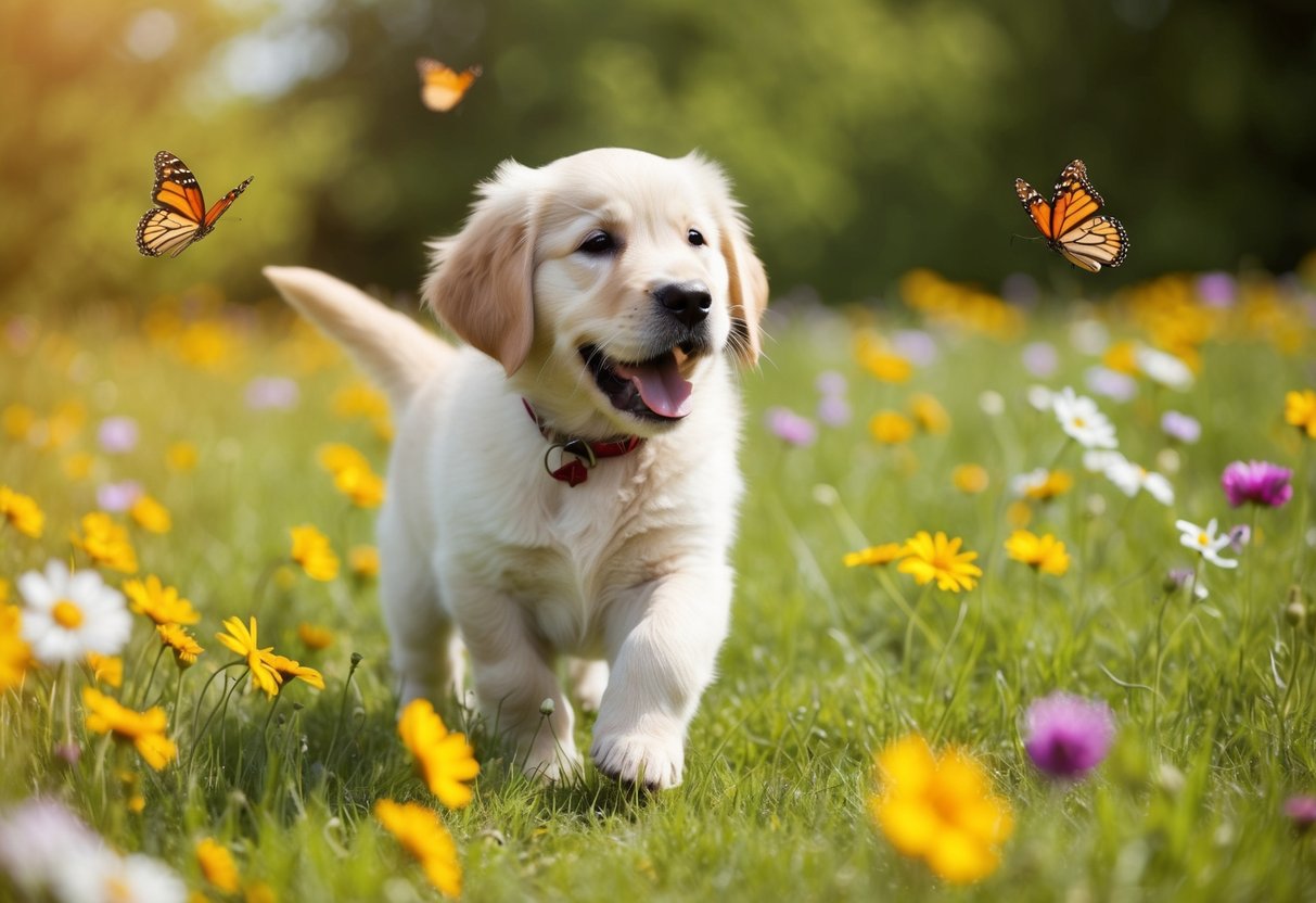 A golden retriever puppy wagging its tail, surrounded by butterflies and flowers in a sunny meadow