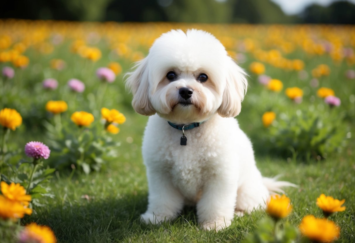 A small, fluffy white Bichon Frise dog sitting peacefully in a field of flowers