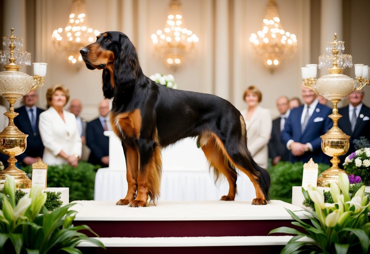 A regal Afghan Hound stands proudly in a luxurious dog show setting, surrounded by elegant décor and wealthy onlookers